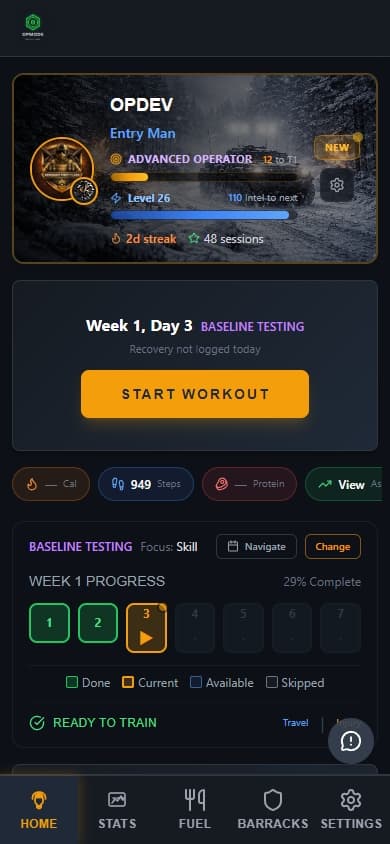 OPMODE home dashboard showing today's workout, week progress, and Start Workout button