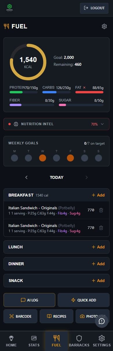 OPMODE Fuel page showing calorie tracking, macro breakdown, meal logging, and weekly goals