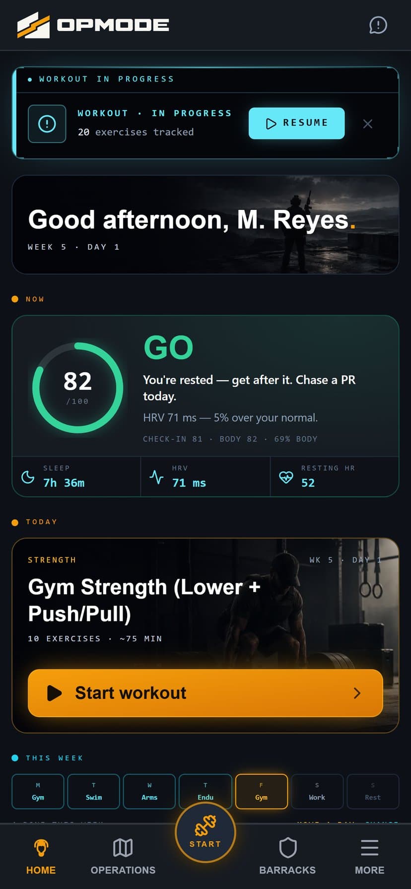 OPMODE home screen with today's readiness and workout