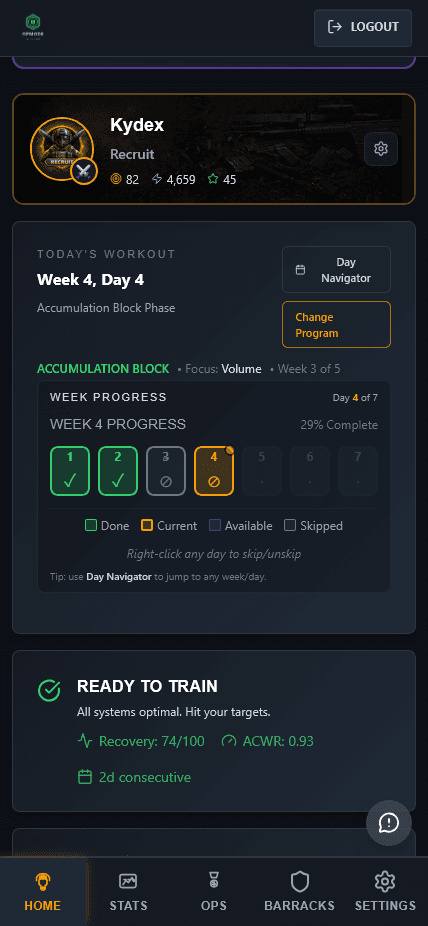 OPMODE app dashboard showing an adaptive workout session